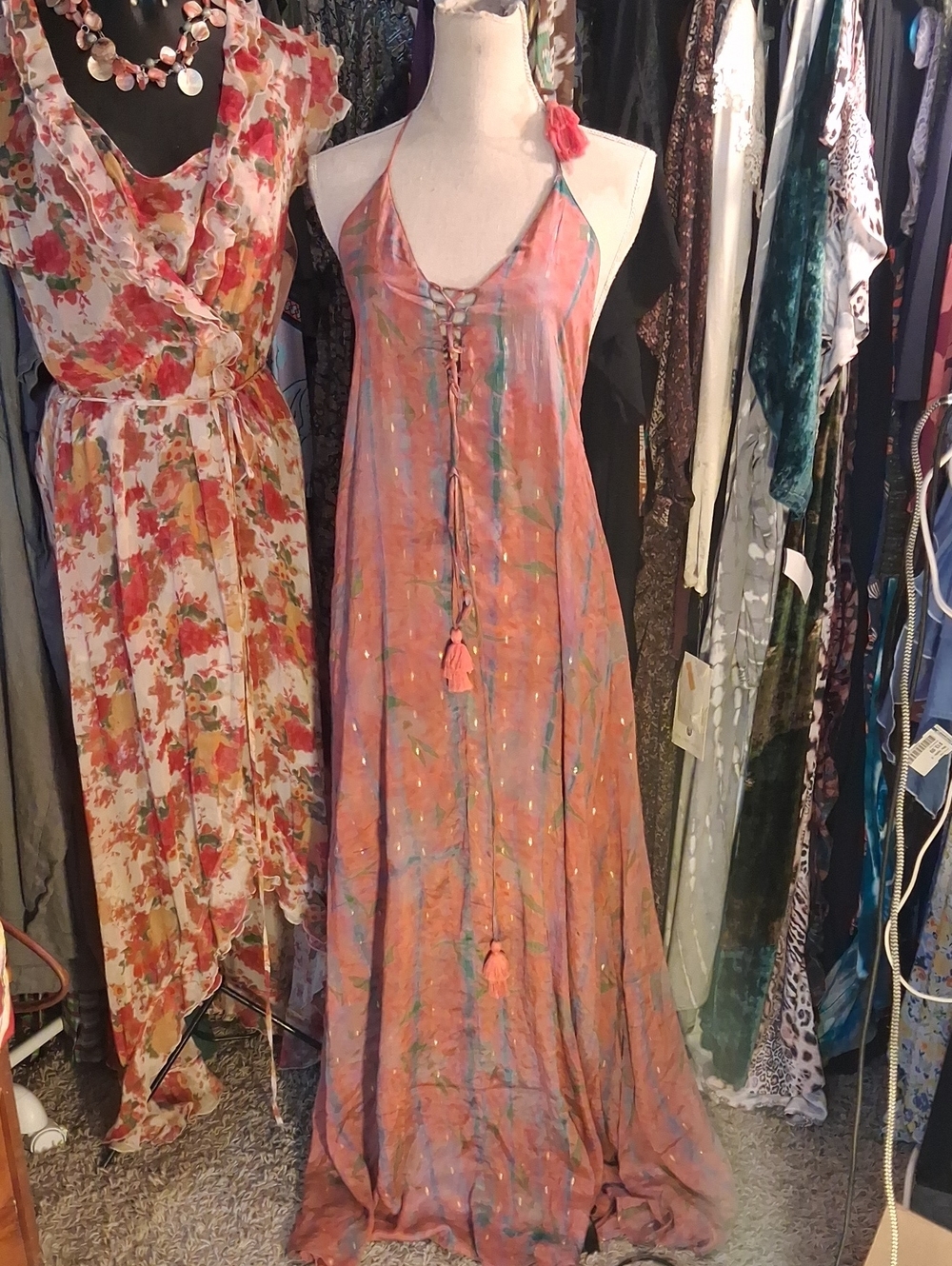Flawed Bohemian Lace-Up Halter Maxi Dress - Coral Multi